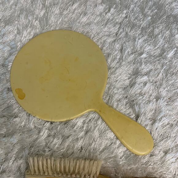 Antique 20s Mirror and Brush Set Wood Handle Hairbrush Celluoid - Picture 2 of 7